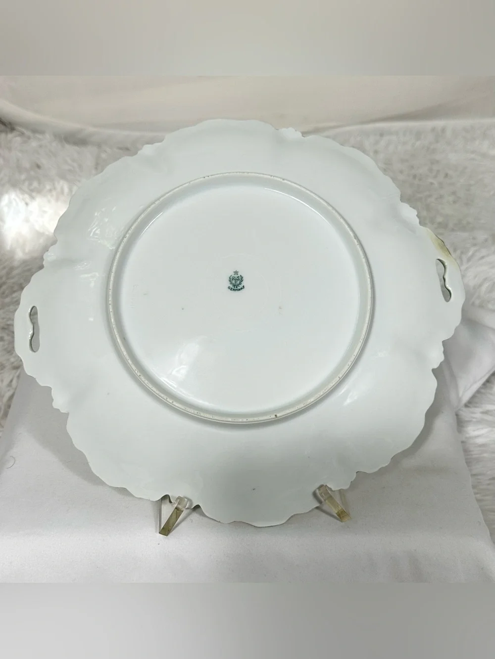 VTG RS Germany Handled Floral Serving Cake Tray Green White Gold Cherry Blossoms